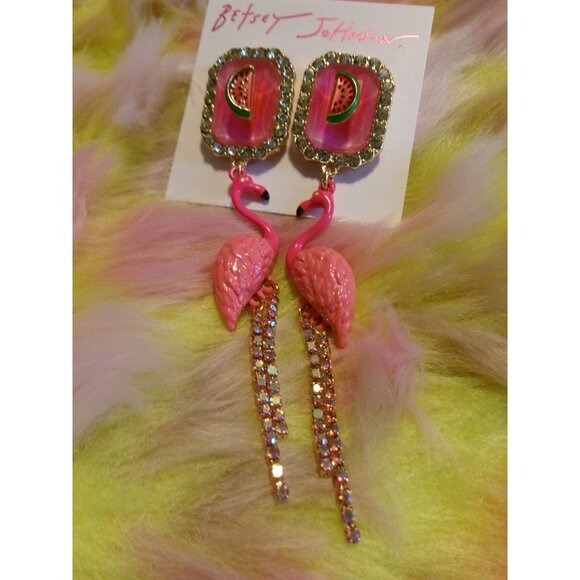 Betsey Johnson Flamingo & Watermelon Rhinestone Drop Earrings - Picture 2 of 5